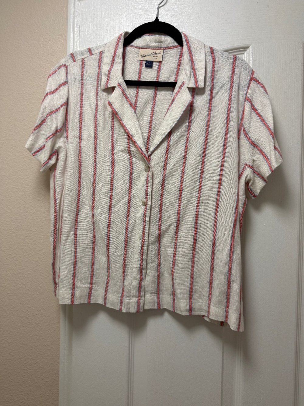 Universal Thread Striped Linen Blend Button-Up Shirt, Collared, Short Sleeve, M